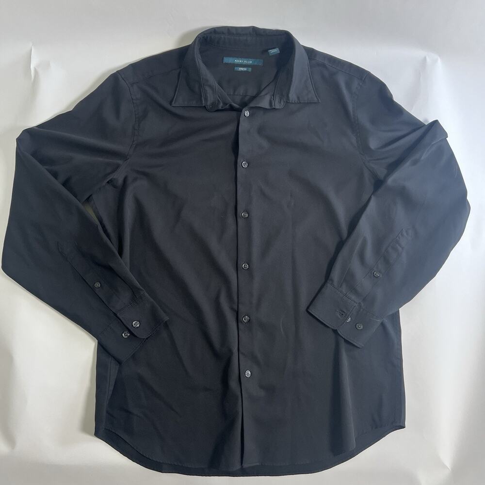 Perry Ellis Men's Black Solid Woven Stretch Button-Up Shirt Long Sleeve L
